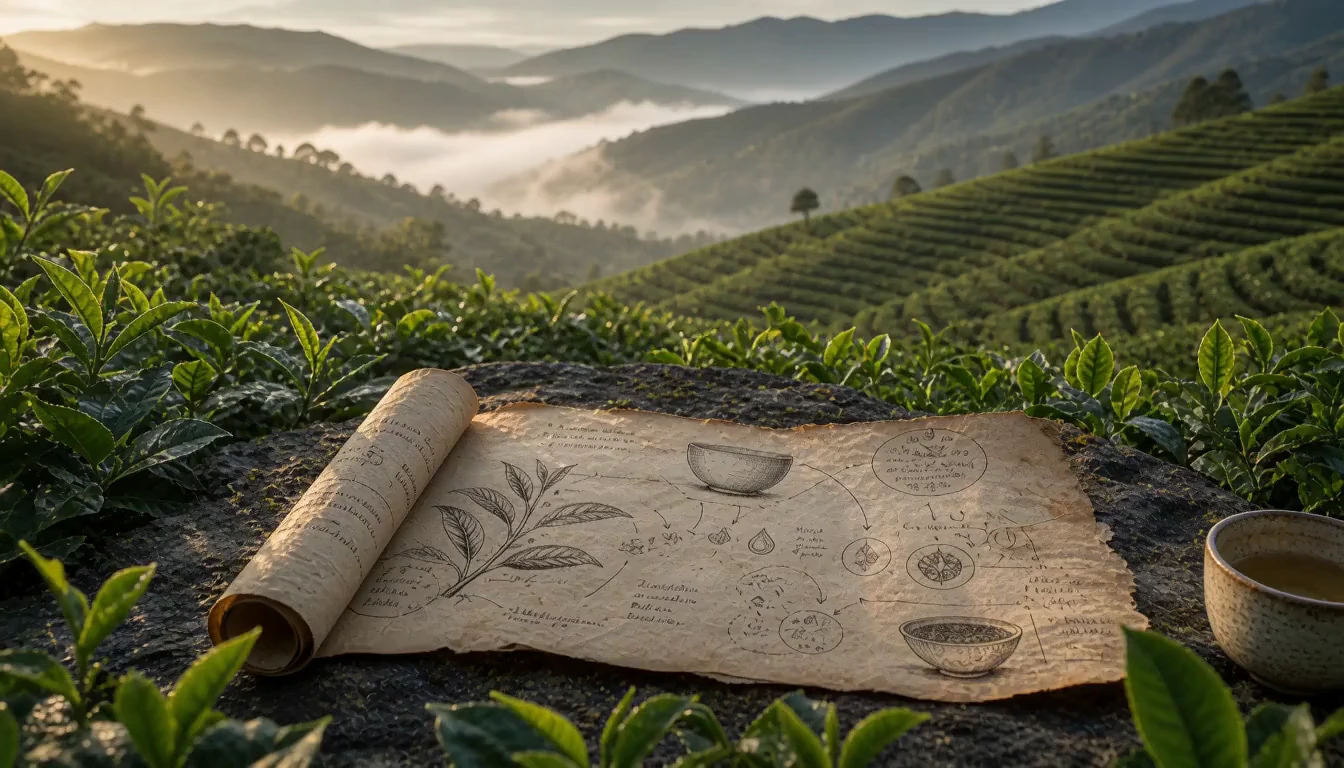 An aged natural-philosophy manuscript with botanical tea studies rests among mountain tea plants in warm morning light