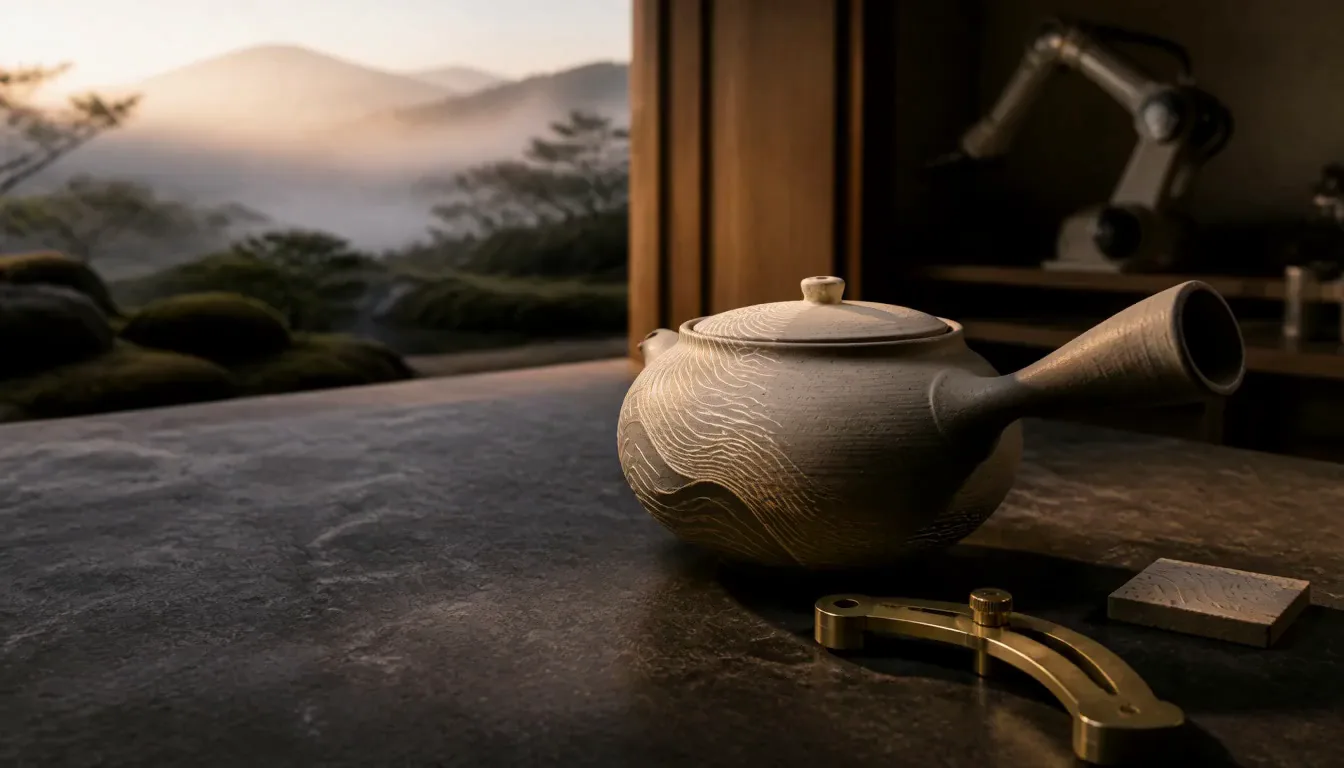 A side-handle stoneware teapot with projected contour lines rests between ceramic tools and a quiet robot arm in a mountain atelier