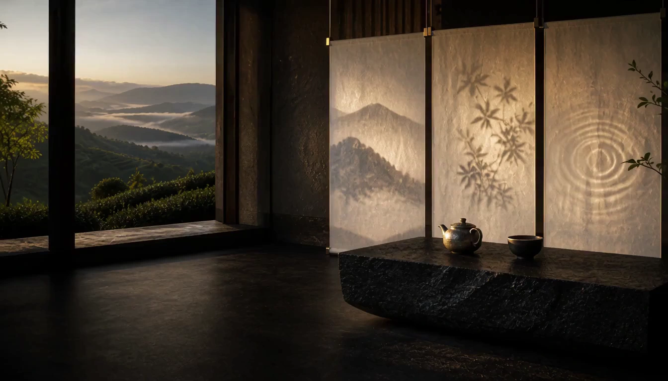 A tea-centered sensory observatory where mountain imagery, botanical shadows, and circular light ripples are projected onto handmade paper at dawn