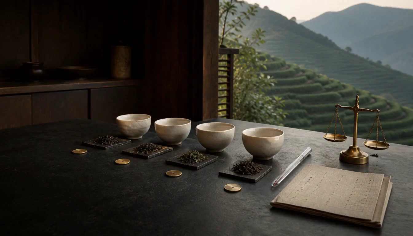 Four identical ceramic tasting bowls, measured tea leaves, brass markers, and evaluation tools in a mountain tea room