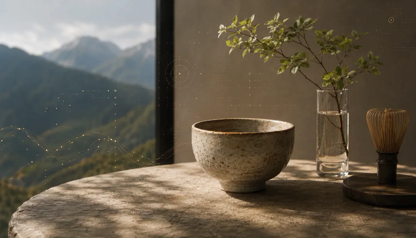 A tea bowl in warm light, overlooking a misty mountain landscape
