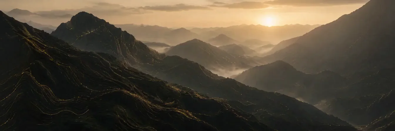 A mountain range at sunrise traced with fine golden contours