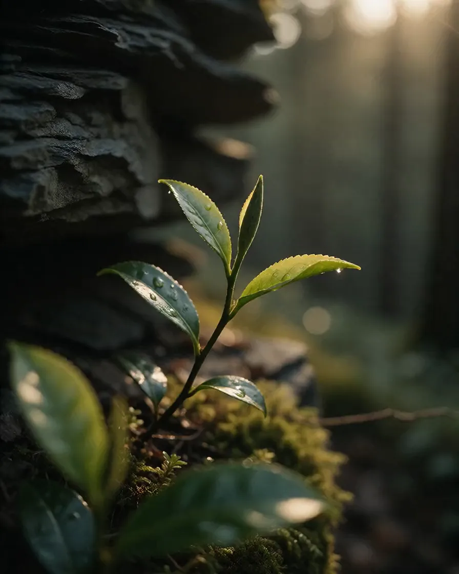 A dew-covered tea shoot growing at the foot of dark stratified slate