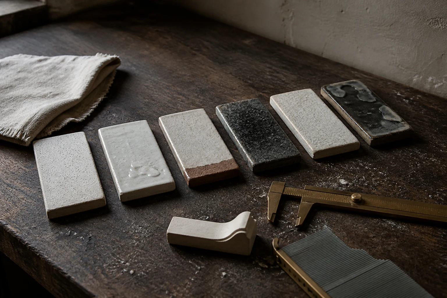 Ceramic glaze specimen tiles, calipers, and a contour gauge on a potter's workbench