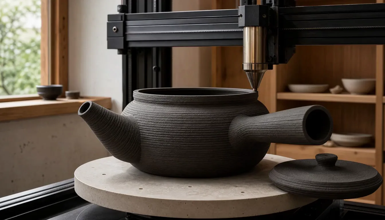 A ceramic extrusion printer laying a fresh clay coil around a side-handle teapot