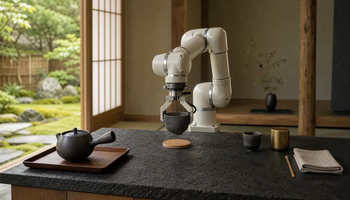 A collaborative robot arm rehearsing precise placement of an empty tea cup
