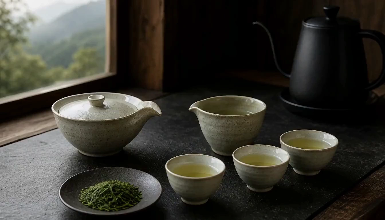 A pale glazed handleless hōhin, yuzamashi, three cups, and vivid steamed green tea leaves on a dark tea table