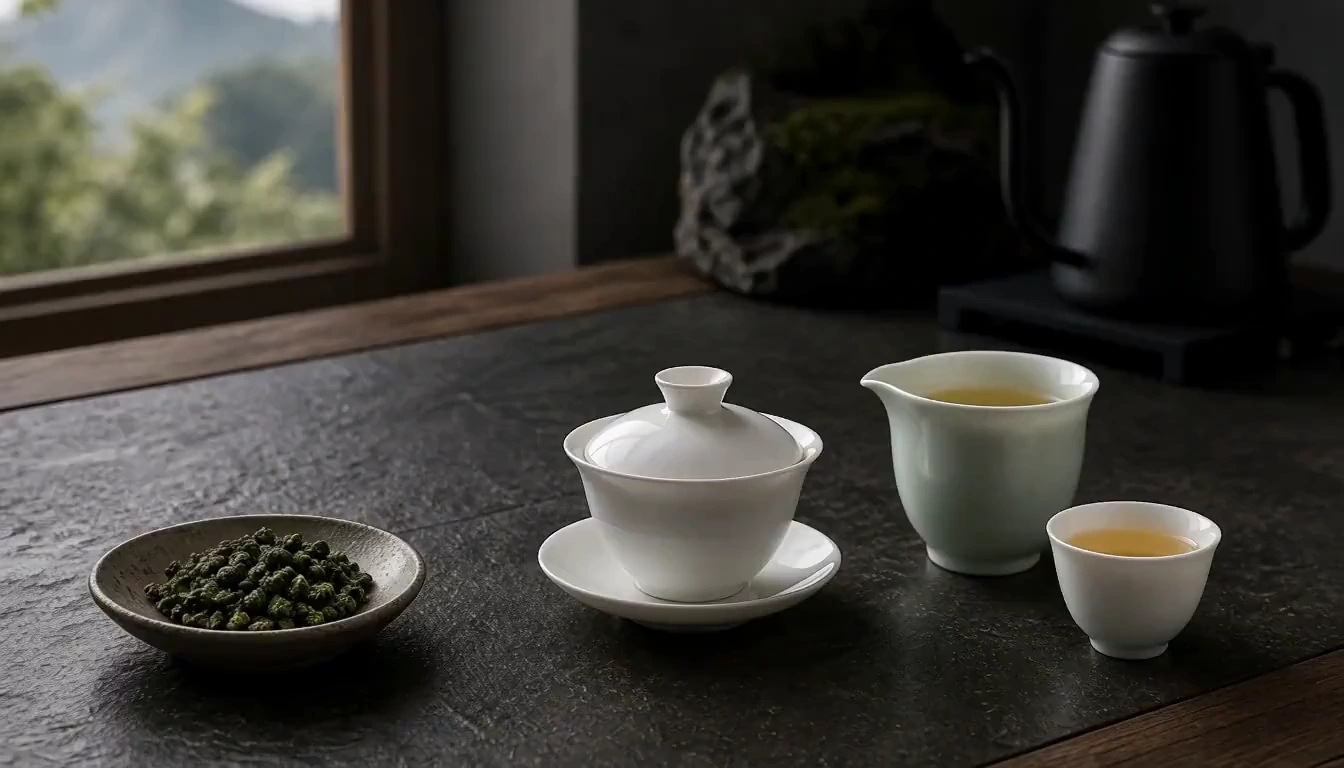 A white porcelain gaiwan, celadon pitcher, tasting cup, and tightly rolled green oolong leaves on stone