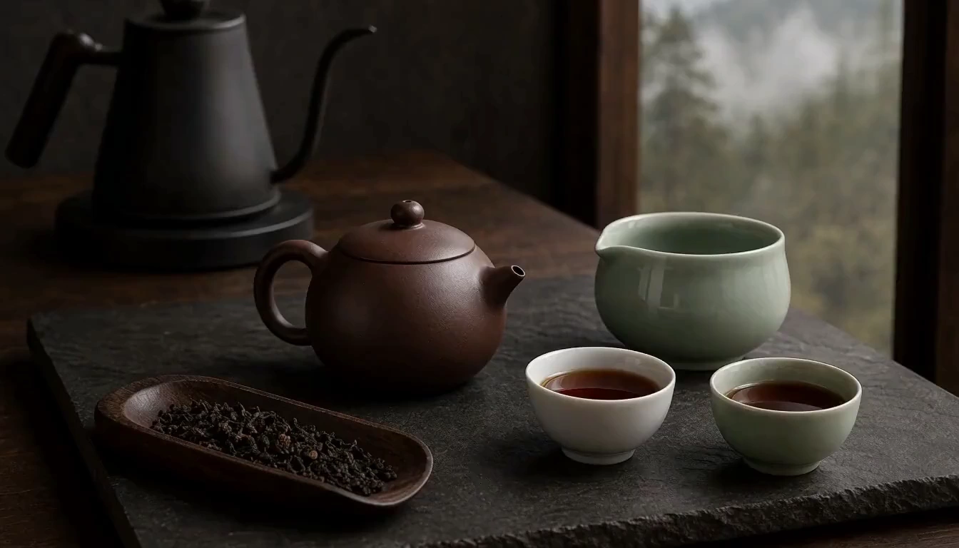 A dark zi-ni Xi Shi teapot, celadon pitcher, white and celadon cups, and loose ripe pu-erh on stone