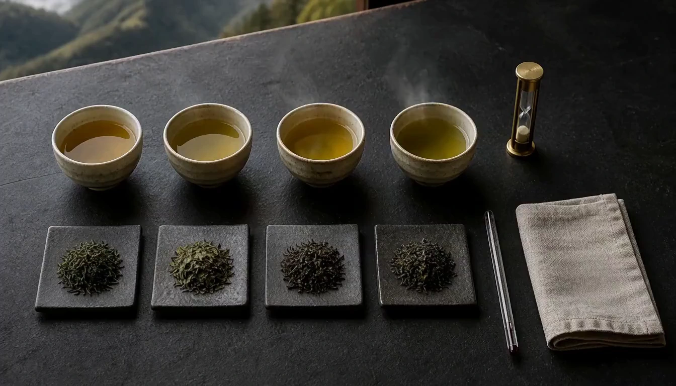 A comparative tea tasting table arranged as a model evaluation instrument