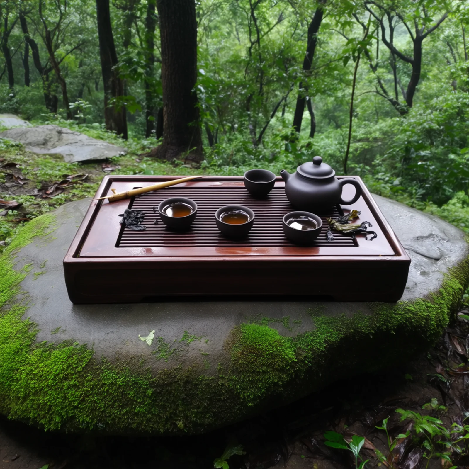 Gongfu tea ware arranged on a moss-edged stone in a wet forest