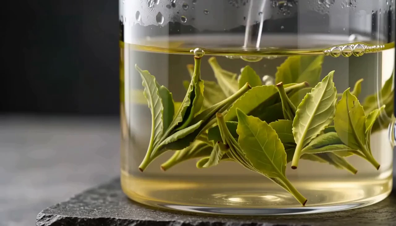 A macro brewing study of tea leaves slowly unfurling in water