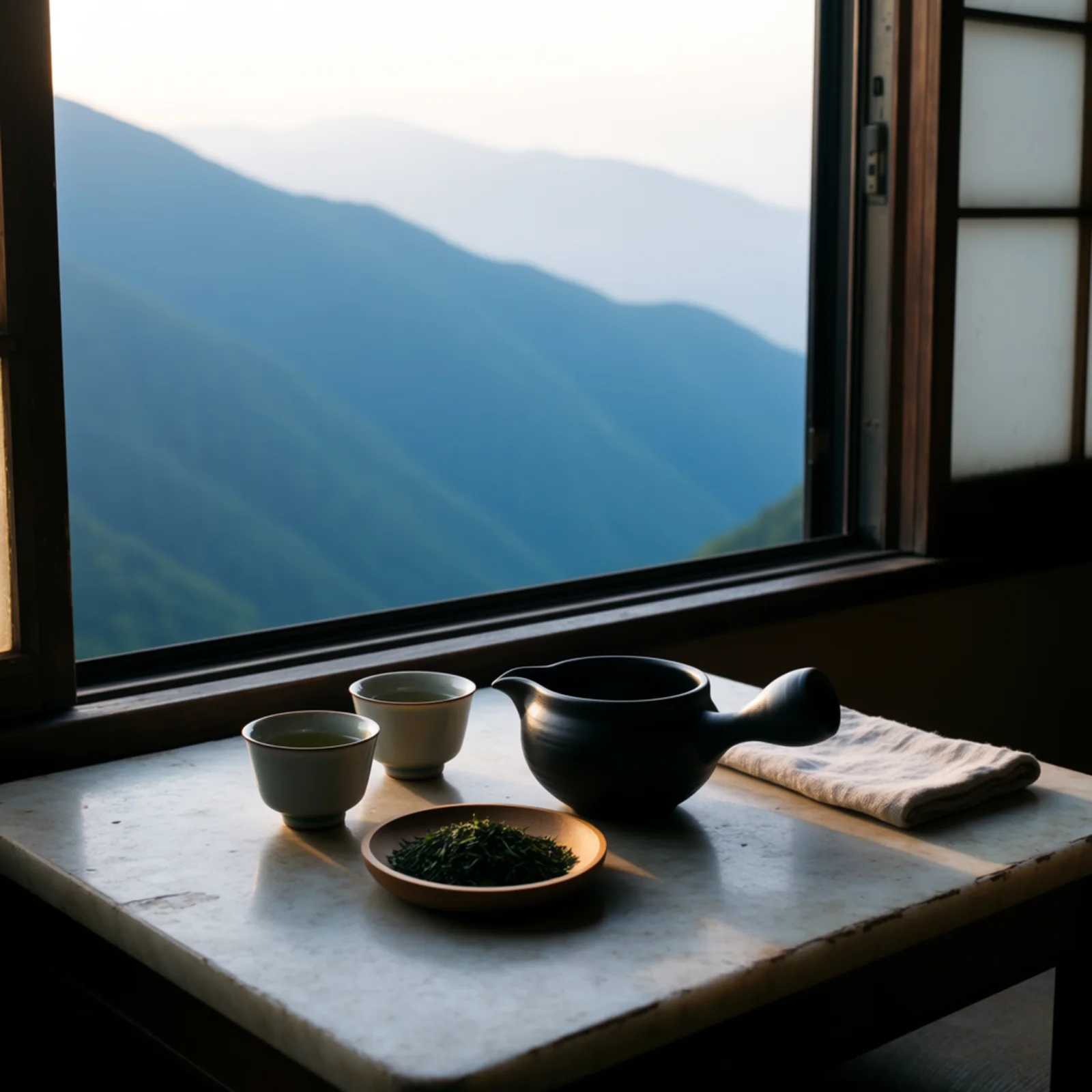 Dark clay sencha ware beside a mountain window at dawn