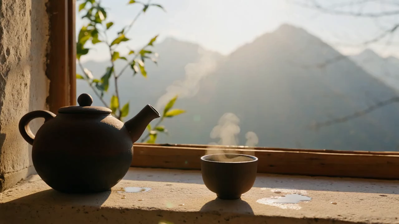 Tea ware and steam in a quiet mountain-window interior