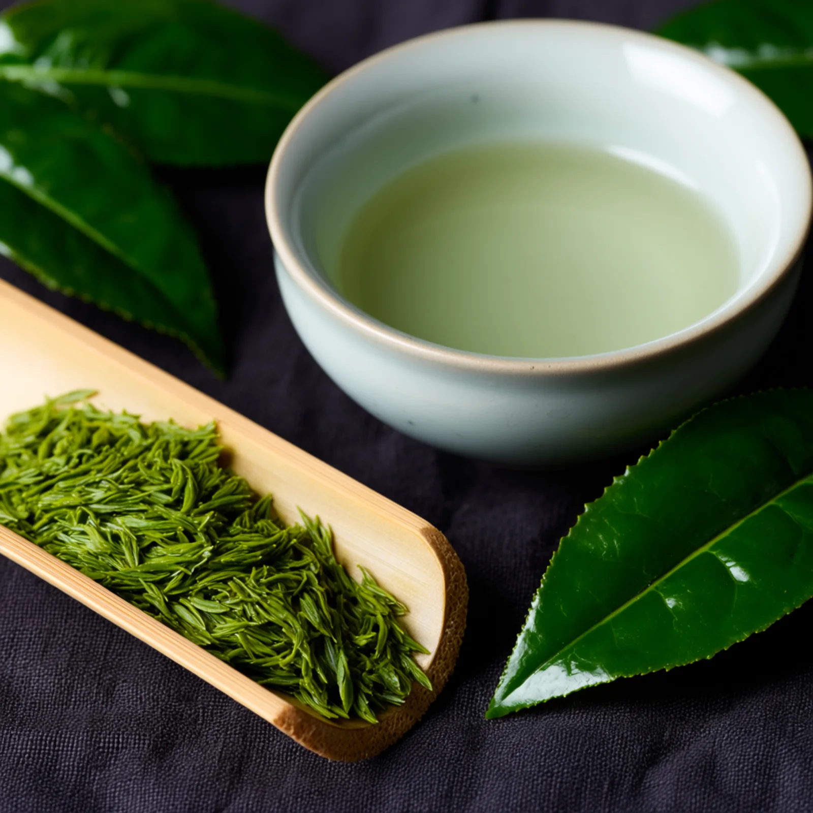 Macro study of green tea leaves, dry gyokuro, bamboo and a pale tea cup