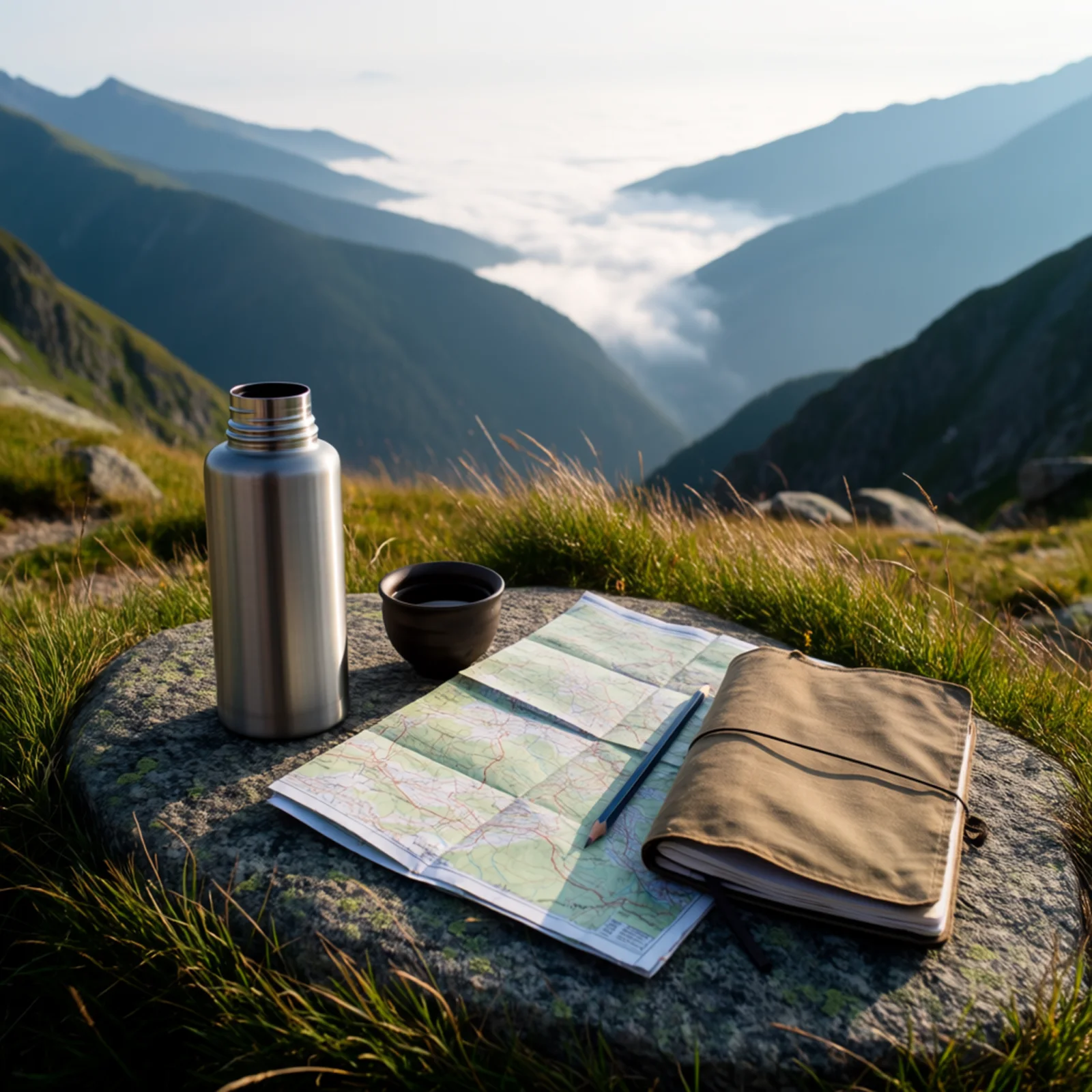 Tea flask, cup, map, and field notebook on an alpine path